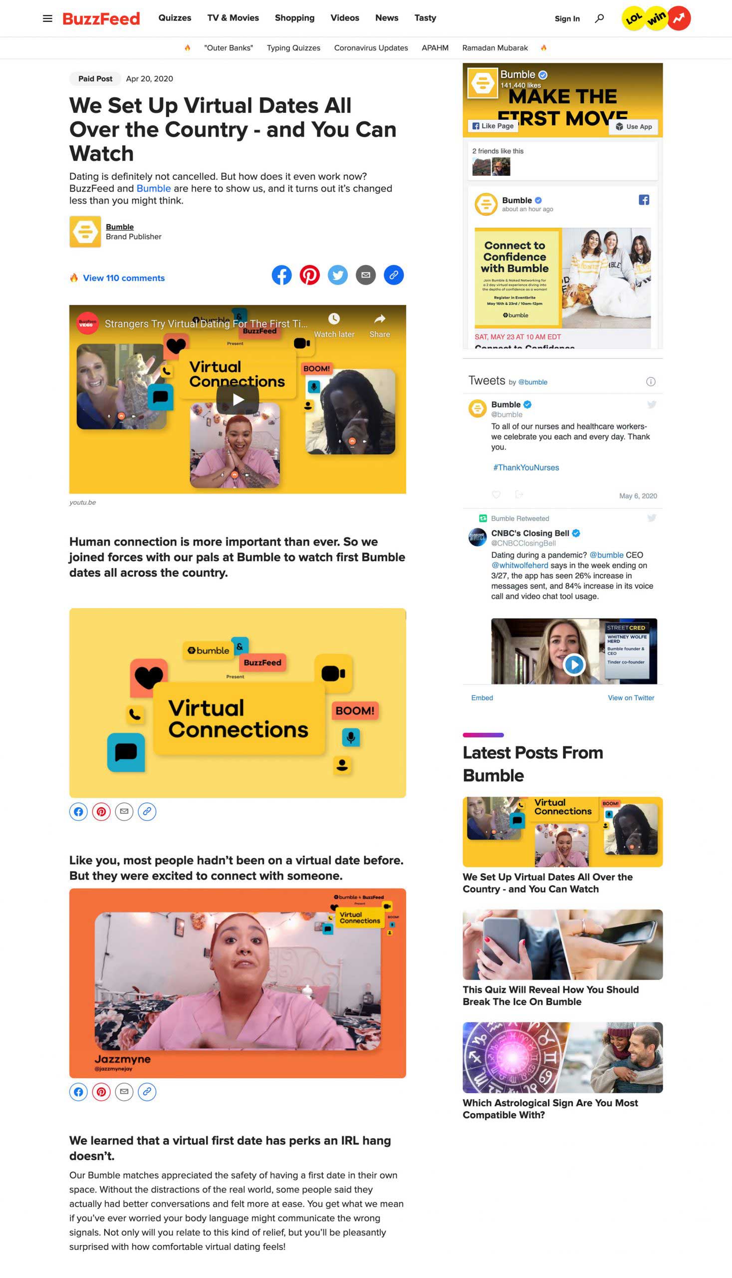 Buzzfeed Viral Webpage Showcasing Art Direction for Bumble Virtual Connections Online Content